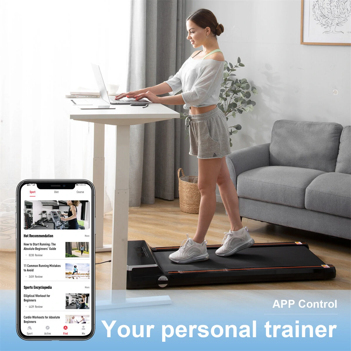 (image for) [USA Direct] FYC JK30F-9 Under Desk Treadmill 2.5HP Power Motor 6km/h Max Speed 100KG Weigh Capacity APP Control bluetooth Music LED Display Installation-free Running Fitness for Home Gym Wor